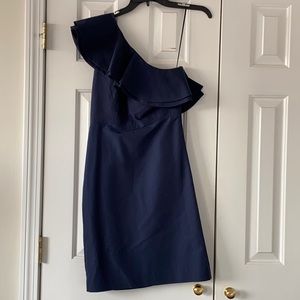 J.Crew navy one shoulder ruffle dress